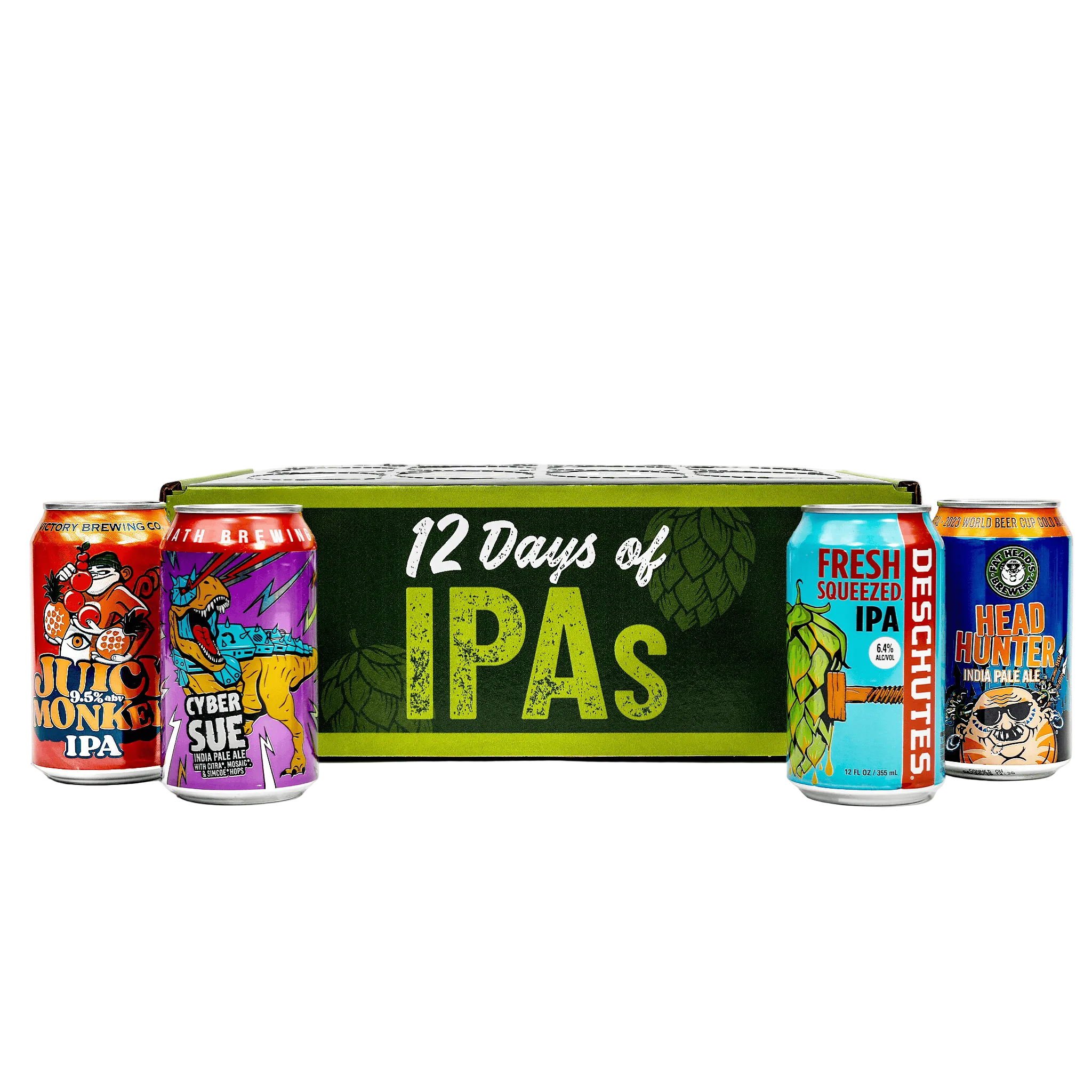 A curated IPA advent box labeled '12 Days of IPAs' with four colorful craft beer cans displayed in front on a clean white studio background.